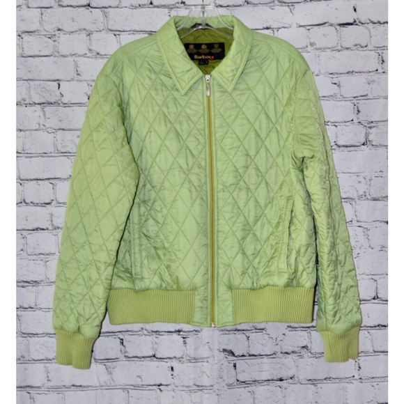 BARBOUR Designer Bomber Style Lime Green Collared Quilted Stylish Jacket Size 12
